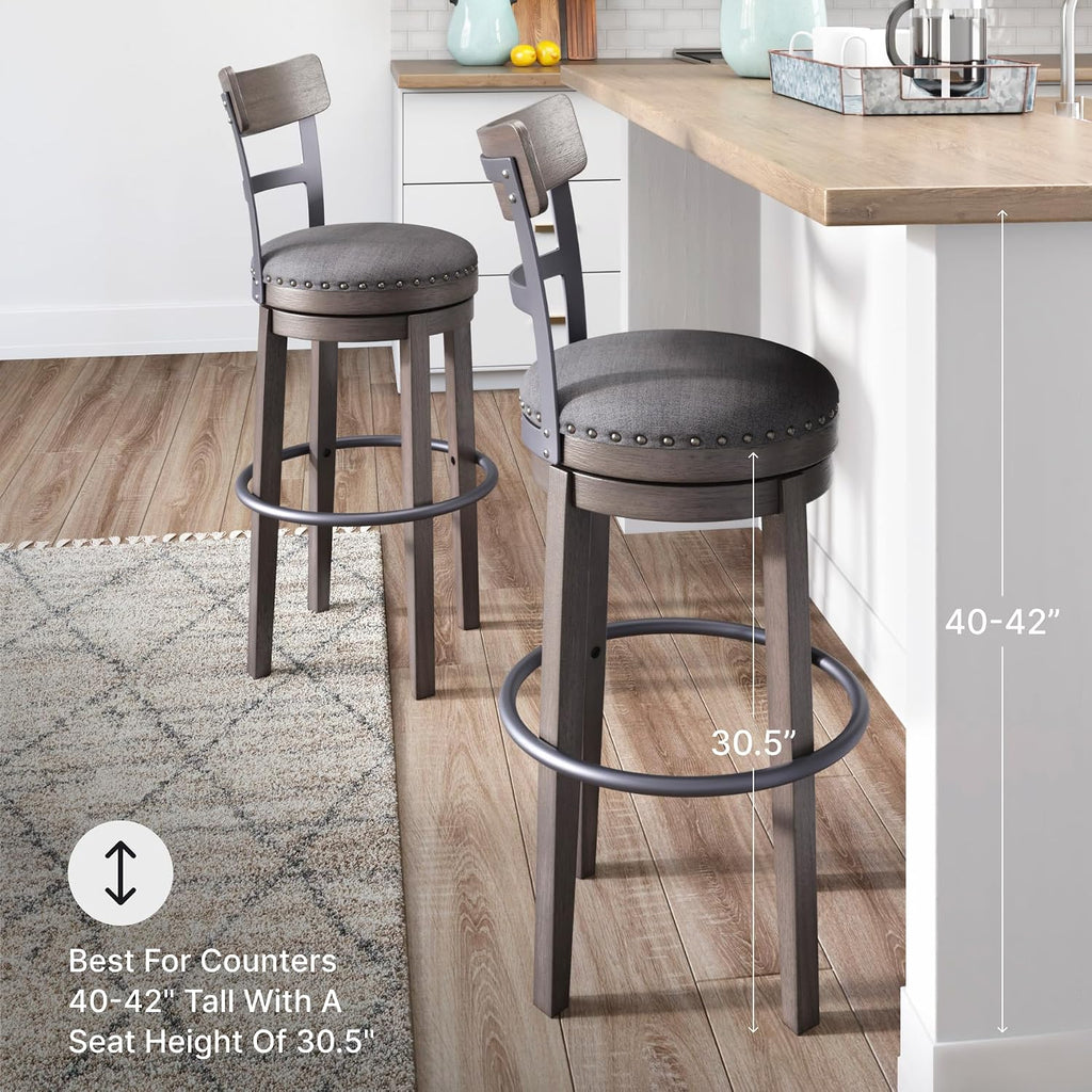 Signature Design by Ashley Caitbrook Swivel 30" Bar Height Bar Stool, Gray | Plush foam-cushioned seat, Elegant nailhead trim, Sturdy solid wood frame, 30.5-inch height for 40-42 inch bars