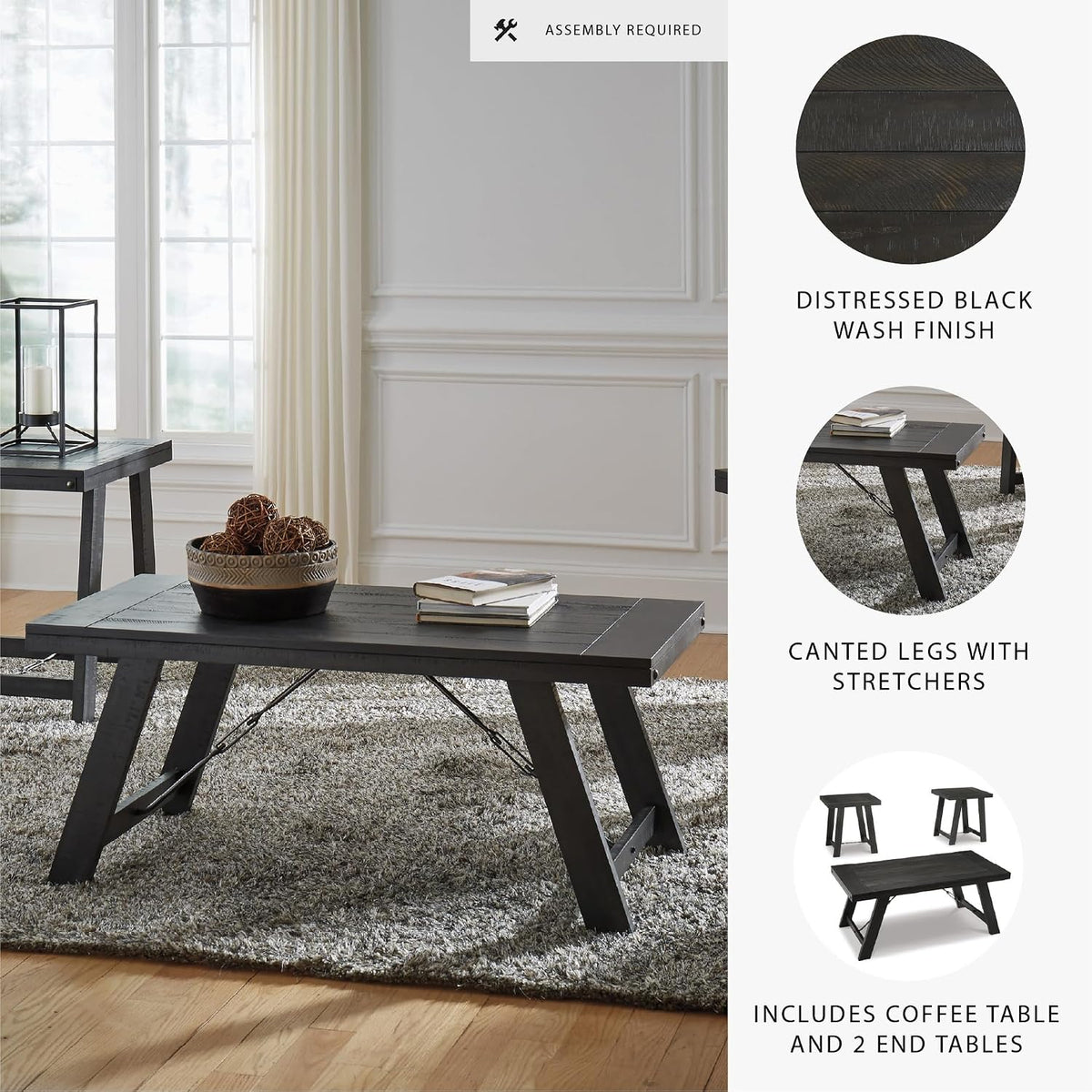 Signature Design by Ashley Farmhouse 3-Piece Table Set, Black Wash | Acacia veneers wood and engineered wood, Distressed black wash finish, Casual farmhouse style, Indoor use, Noorbrook Series