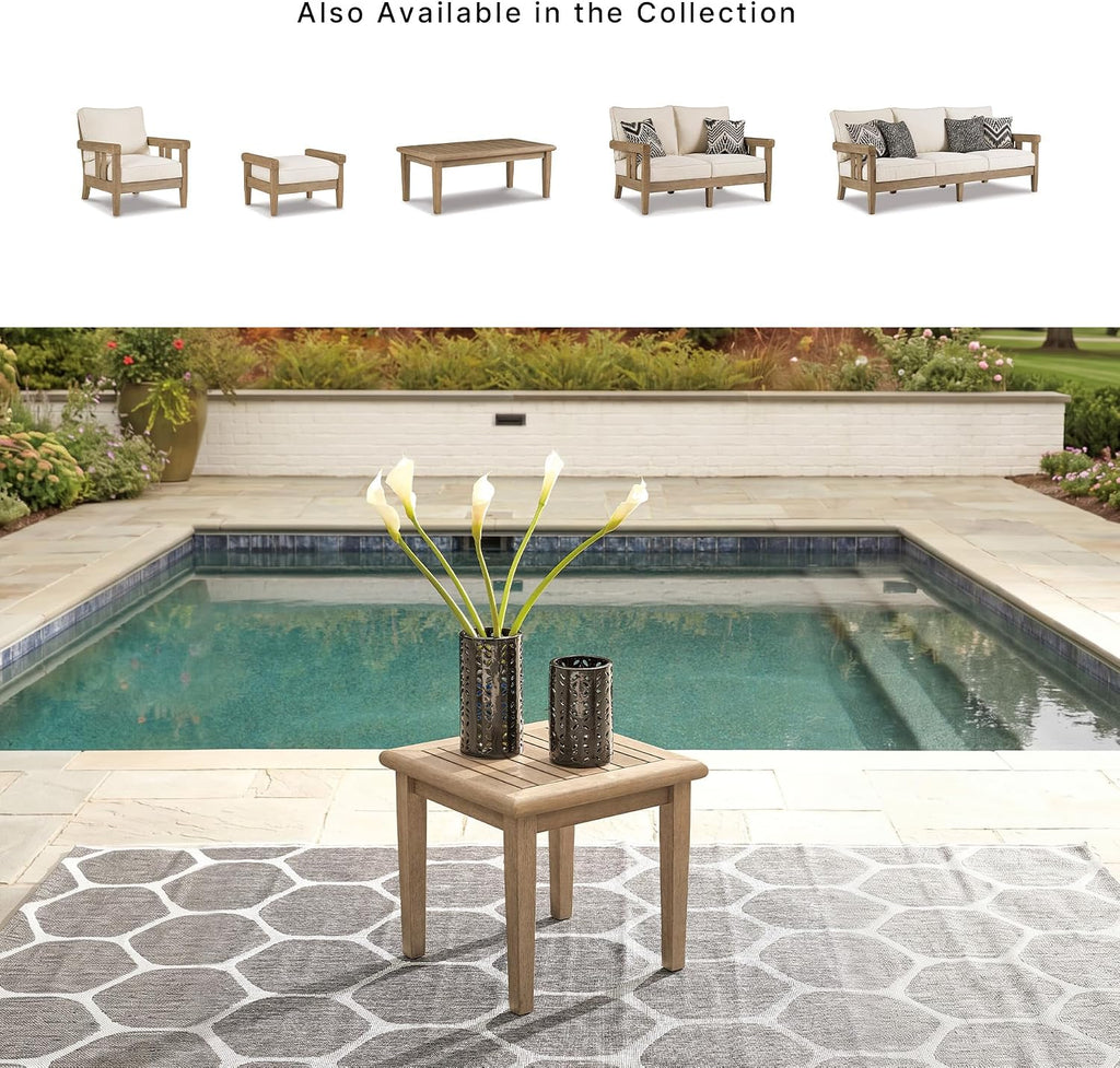 Signature Design by Ashley Gerianne Outdoor End Table, Eucalyptus Wood | Weather-resistant 5-step protective coating, Spacious 24-inch square slatted top, Sturdy 22-pound frame with tapered legs