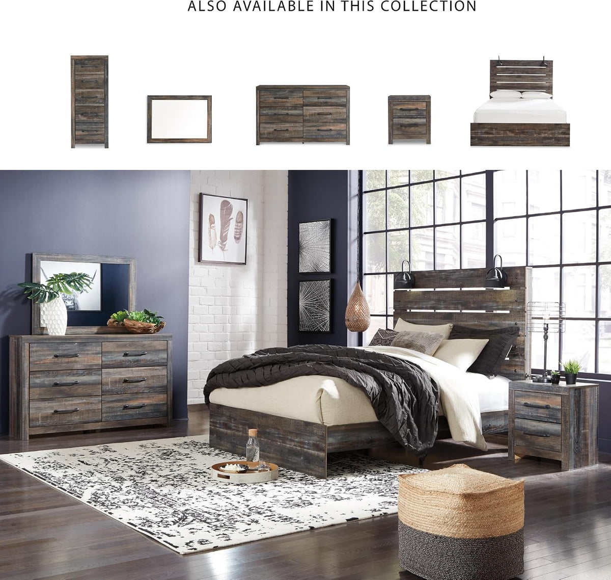 Signature Design by Ashley Drystan Rustic King Size Bed Frame with LED | Rustic brown and gray replicated wood grain with teal accents, Durable engineered wood, Adjustable base compatible