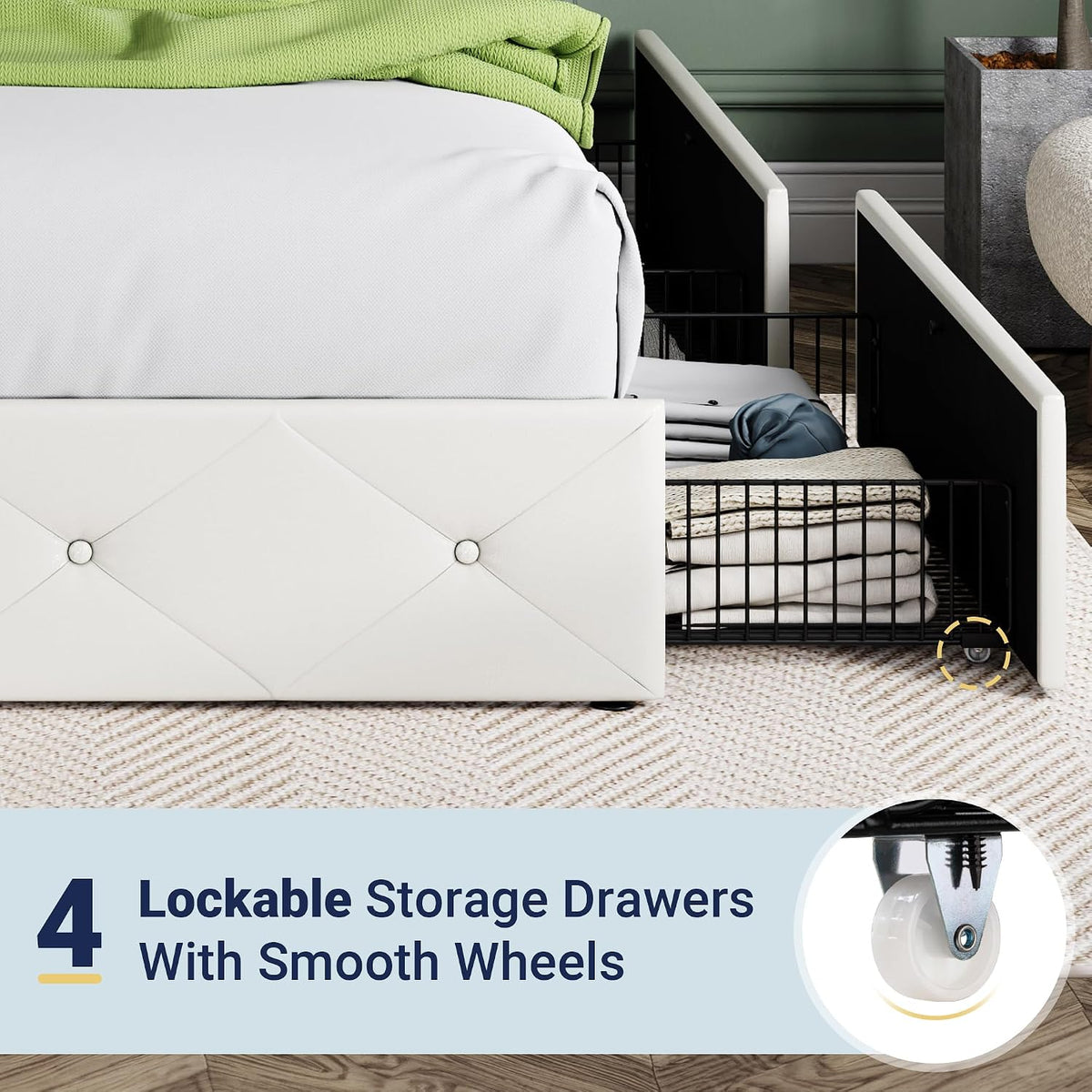 Allewie Queen Size Storage Bed Frame with 4 Underbed Drawers, Upholstered Platform Bed with Adjustable Headboard, Diamond Button Tufted, Easy Assembly, Noise-Free, No Box Spring Needed, White