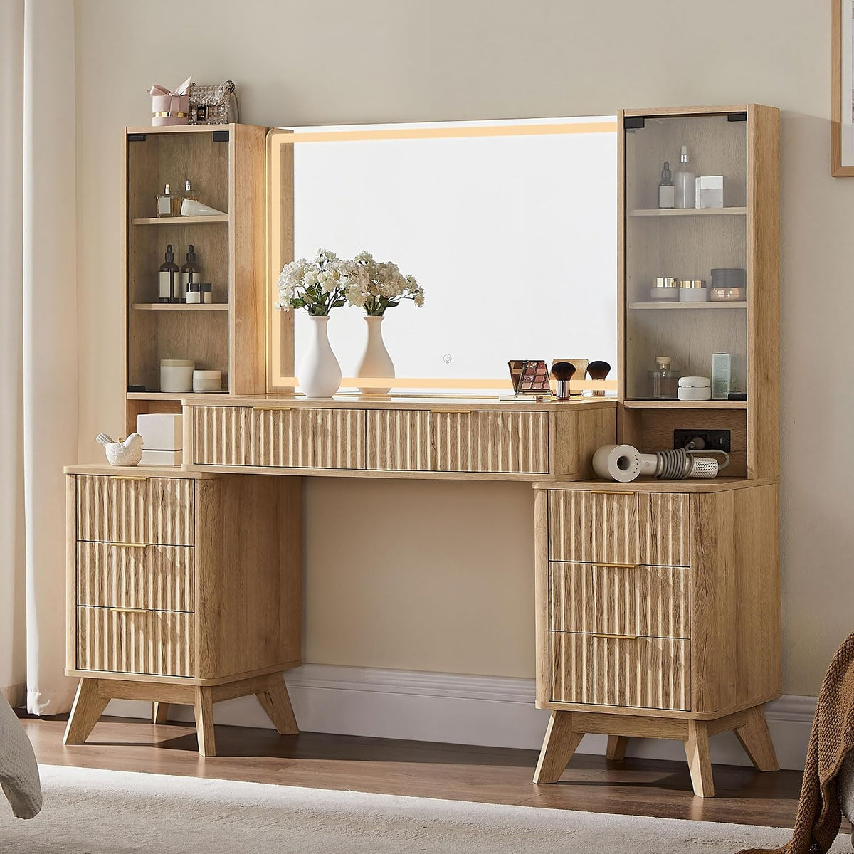 T4TREAM 48" Fluted Makeup Vanity Desk with 36" Lighted Mirror, Oak
