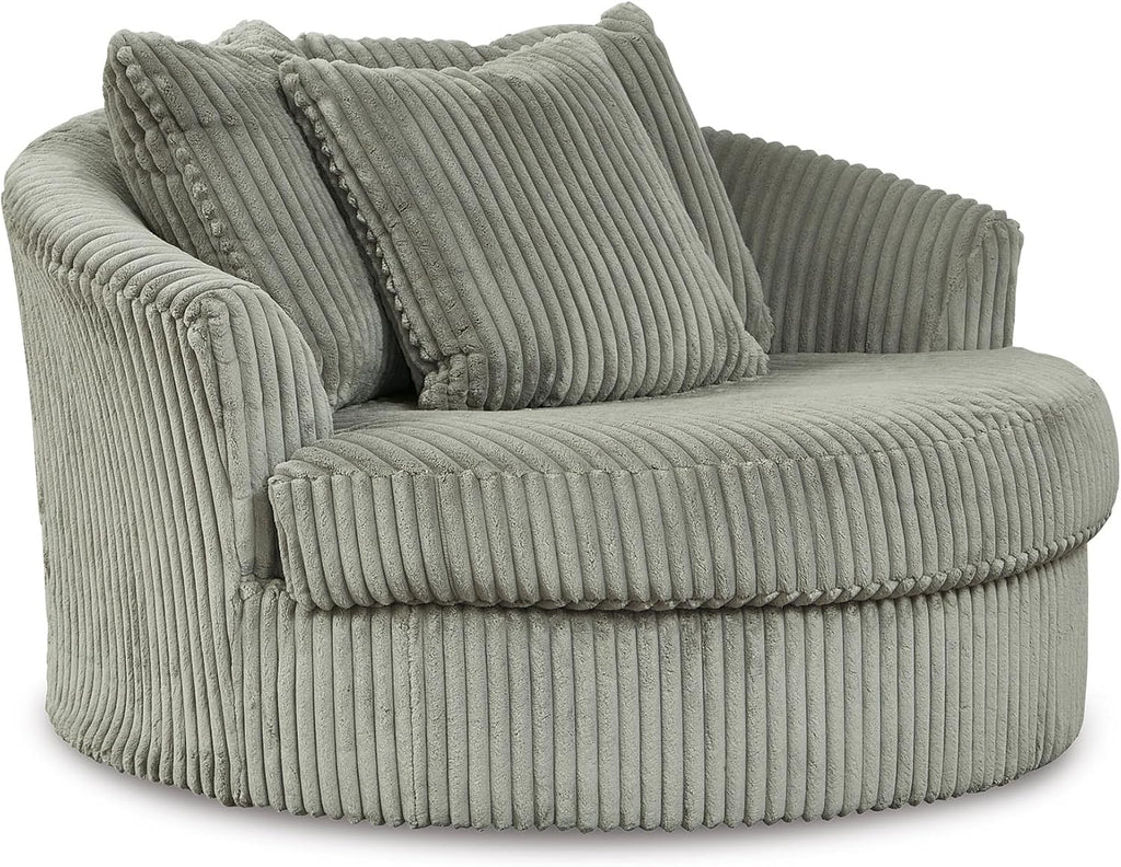 Signature Design by Ashley Lindyn Oversized Round Swivel Accent Chair, Fog | Plush textured cord upholstery, Sag-resistant platform foundation, Reversible seat cushion, No assembly required