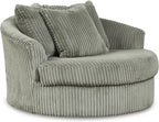 Signature Design by Ashley Lindyn Oversized Round Swivel Accent Chair, Fog | Plush textured cord upholstery, Sag-resistant platform foundation, Reversible seat cushion, No assembly required
