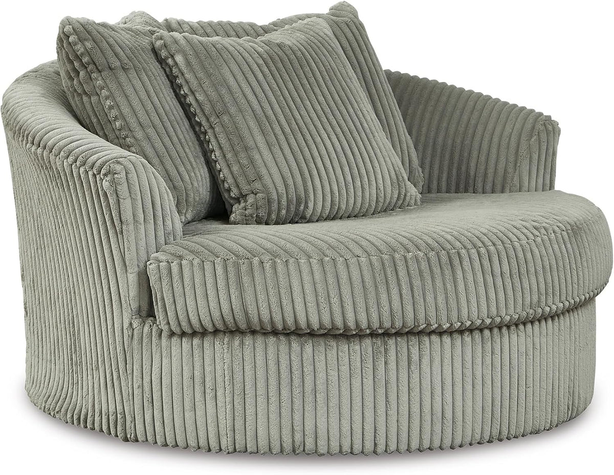 Signature Design by Ashley Lindyn Oversized Round Swivel Accent Chair, Fog | Plush textured cord upholstery, Sag-resistant platform foundation, Reversible seat cushion, No assembly required