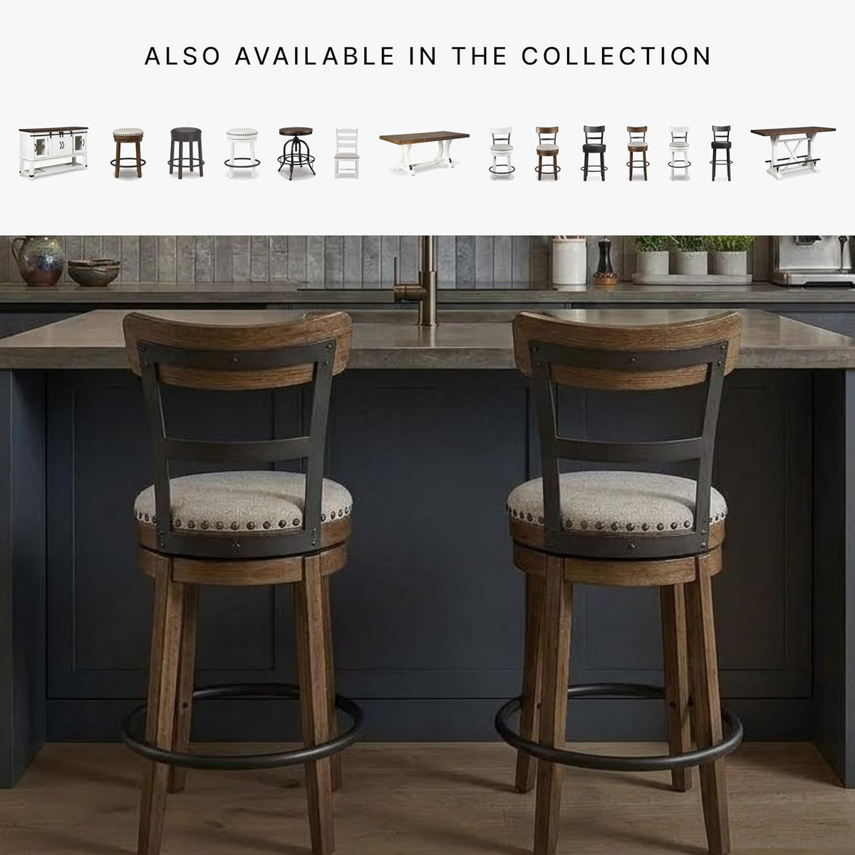 Signature Design by Ashley Valebeck Counter Height Bar Stool, Brown | Rustic-industrial wood and metal stool, Cushioned comfort, Tailored nailhead trim, Smooth 360-degree swivel