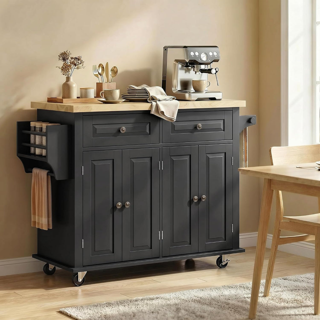 HOMCOM Kitchen Island on Wheels, Rubberwood Top, Spice Rack, Black