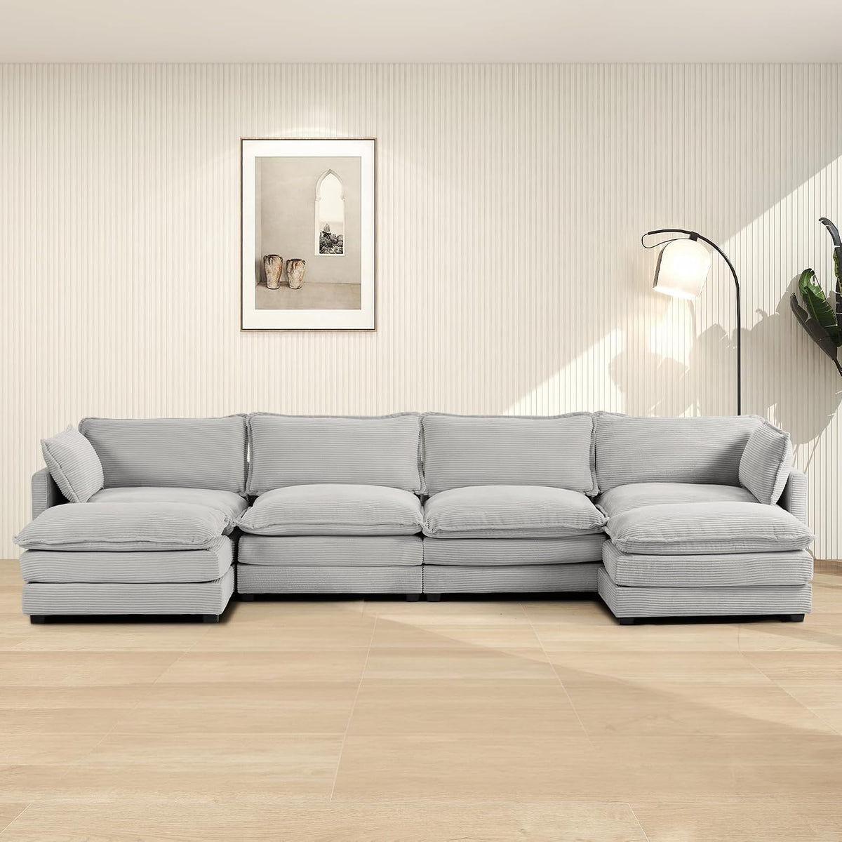 ROWHY 112'' Sectional Modular Cloud Couch, Oversized 5 Seat Couches U Shaped Sofa with 2 Movable Ottomans, 2 Throw Pillows, Upholstered Corduroy U Shape Comfy Deep Couches for Living Room, Beige