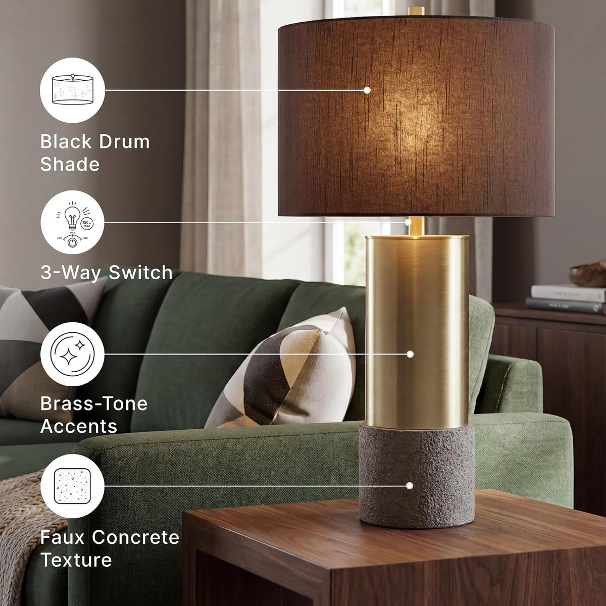 Signature Design by Ashley Jacek Contemporary Table Lamp Set of 2 | Textured faux concrete and brass-finished metal, Black drum shade with goldtone foil interior, Living room and bedside use