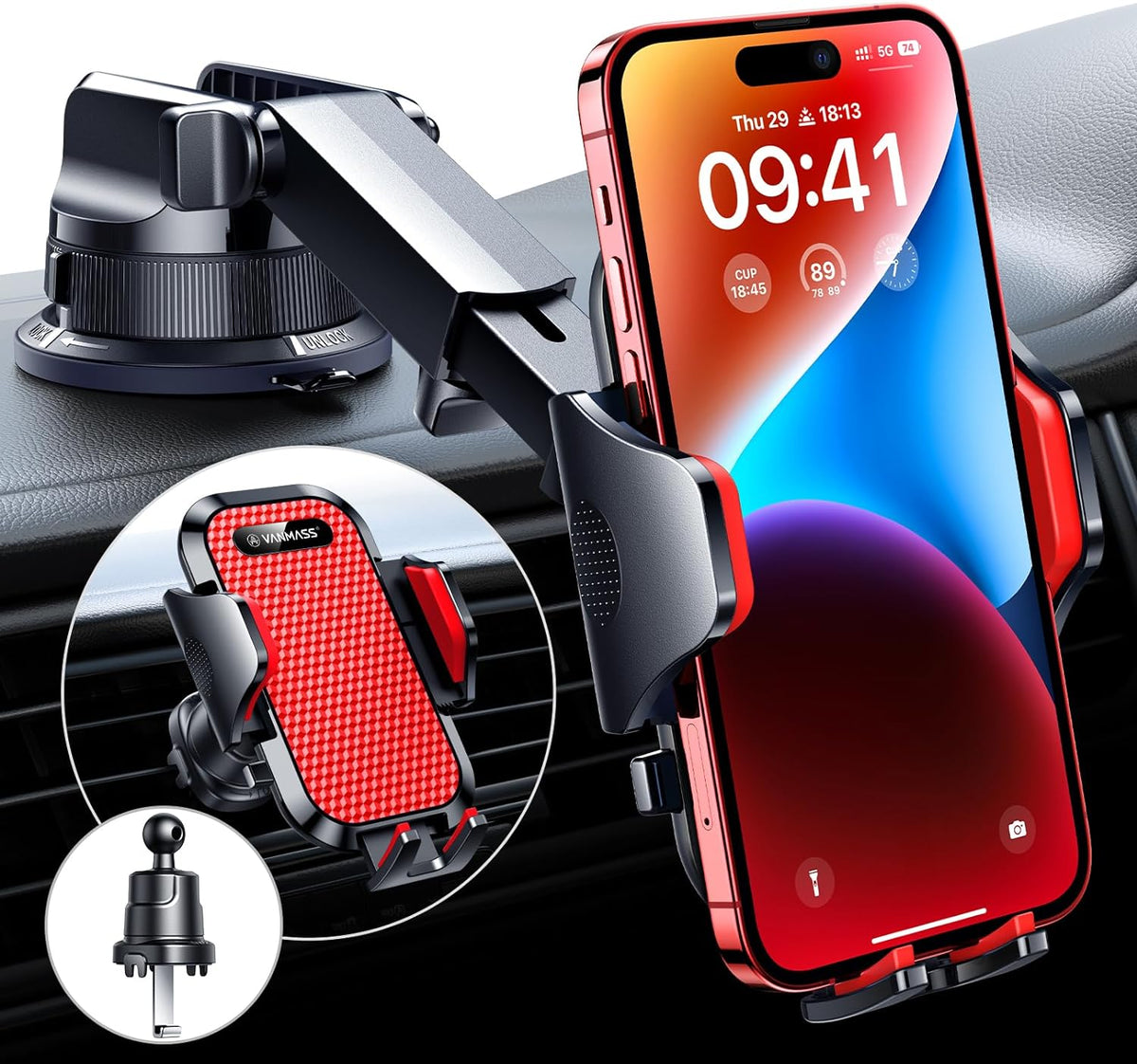 [True Military-Grade] Car Phone Holder VANMASS [Upgraded Strongest Suction&Clip] Cell Phone Mount for Dashboard Windshield Vent Kit, Truck Cradle Stand for iPhone 18 Pro Max 17 16 15 Android,Ink Black