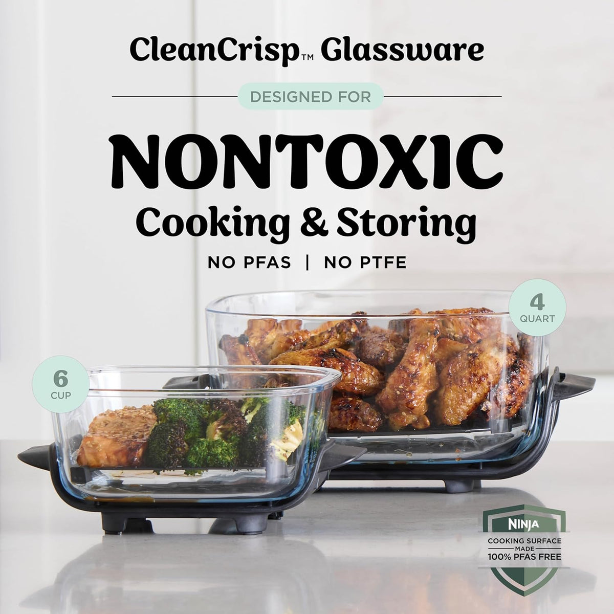 Ninja Crispi Glass Air Fryer, 4-in-1, Green, FN101SG | Max crisp, bake, air fry, recrisp, 450F max, 4 Qt and 6 Cup containers, PFAS-free glass