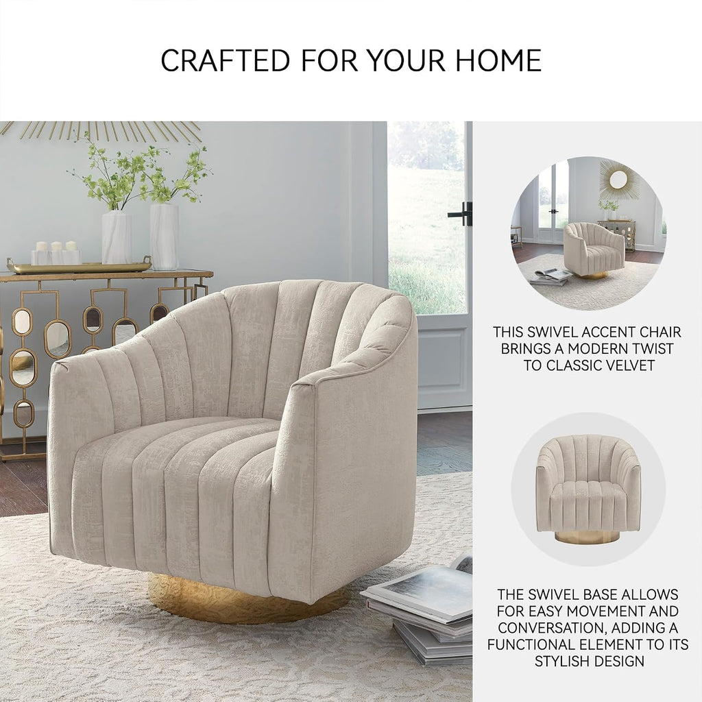 Signature Design by Ashley Swivel Barrel Accent Chair, Pearl, Penzlin | Textured velvet barrel chair with brass-tone metal pedestal base, Cozy lounge seating for reading nooks