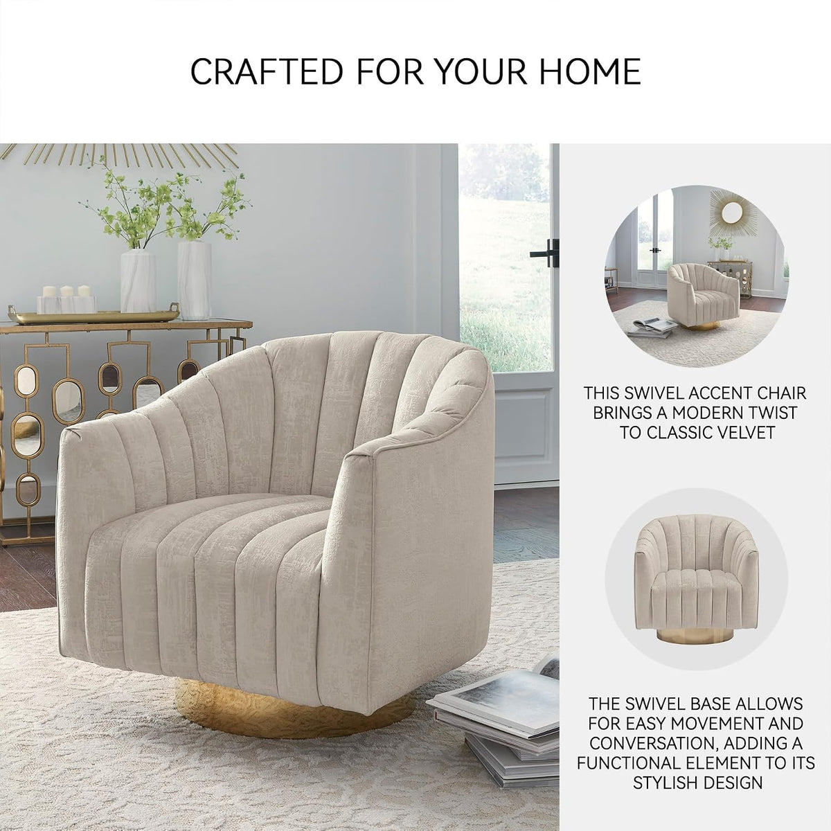 Signature Design by Ashley Swivel Barrel Accent Chair, Pearl, Penzlin | Textured velvet barrel chair with brass-tone metal pedestal base, Cozy lounge seating for reading nooks
