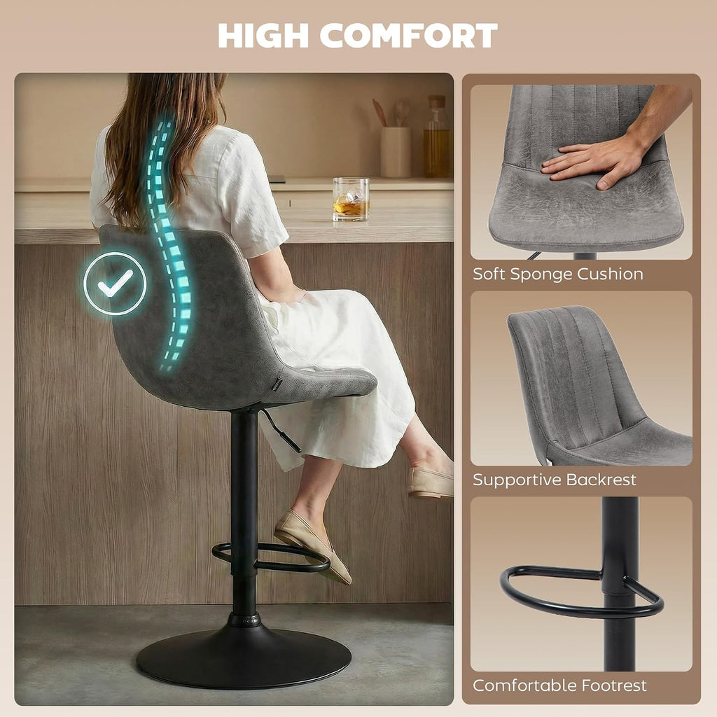 HOMCOM Bar Stools Set of 2, Height Adjustable, Leathaire, Grey