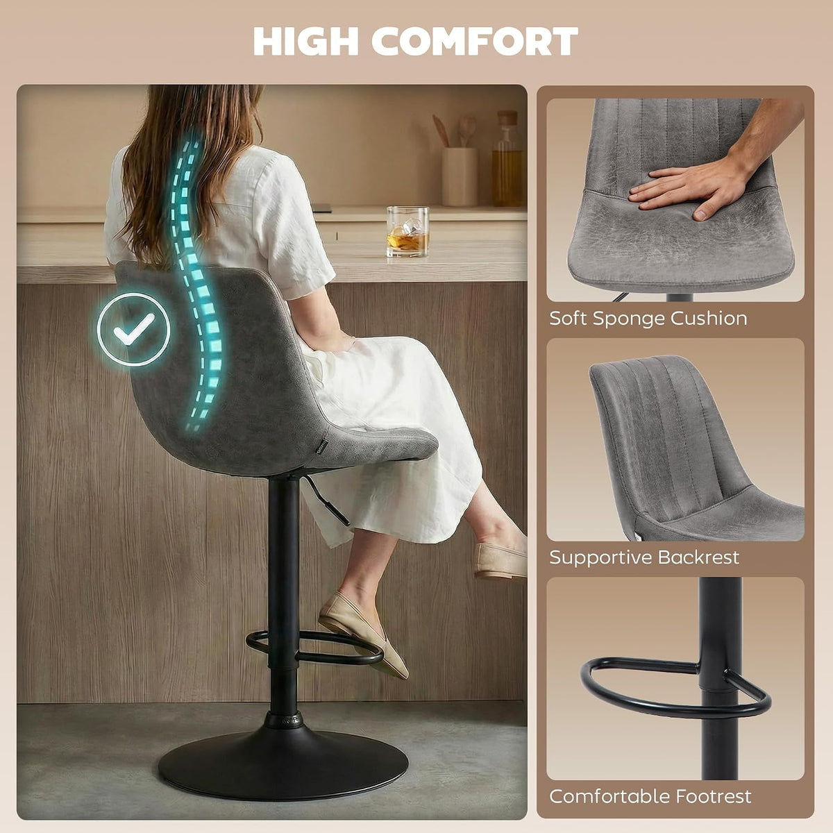 HOMCOM Bar Stools Set of 2, Height Adjustable, Leathaire, Grey