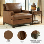 Signature Design by Ashley Oversized Brown Leather Accent Chair, Amber | Genuine and faux leather with brass-tone nailhead trim, Faux wood base, No assembly living room chairs, Brendola Series