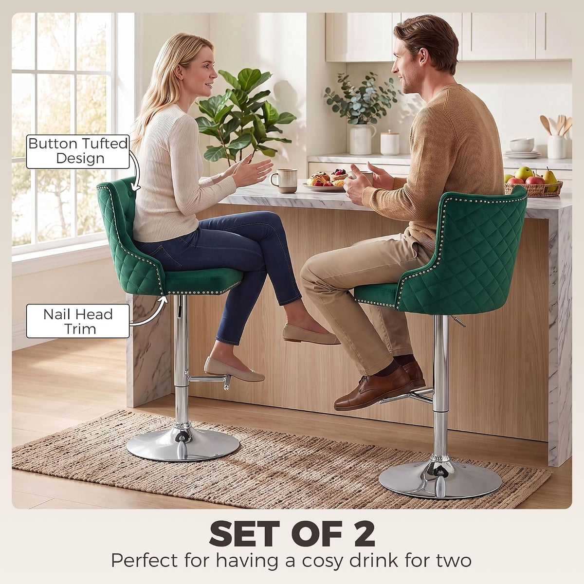 HOMCOM Bar Stools Set of 2 Modern Swivel Adjustable for Home Bar Dark Green