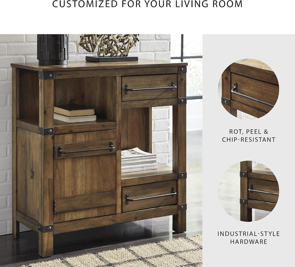 Signature Design by Ashley Coffee Bar Accent Cabinet with Drawers | Butterfly matched herringbone inlay, Unique acacia colored finish, Media and gameroom use, Farmhouse style, Roybeck Series