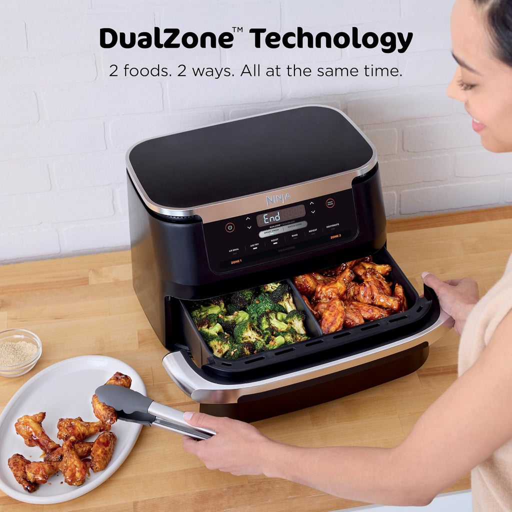 Ninja Foodi Air Fryer, 7 Qt MegaZone, 6-in-1, Black, DZ071 | Air fry, roast, broil, bake, reheat, dehydrate, 450F max, 2x3.5 Qt baskets, Smart Finish