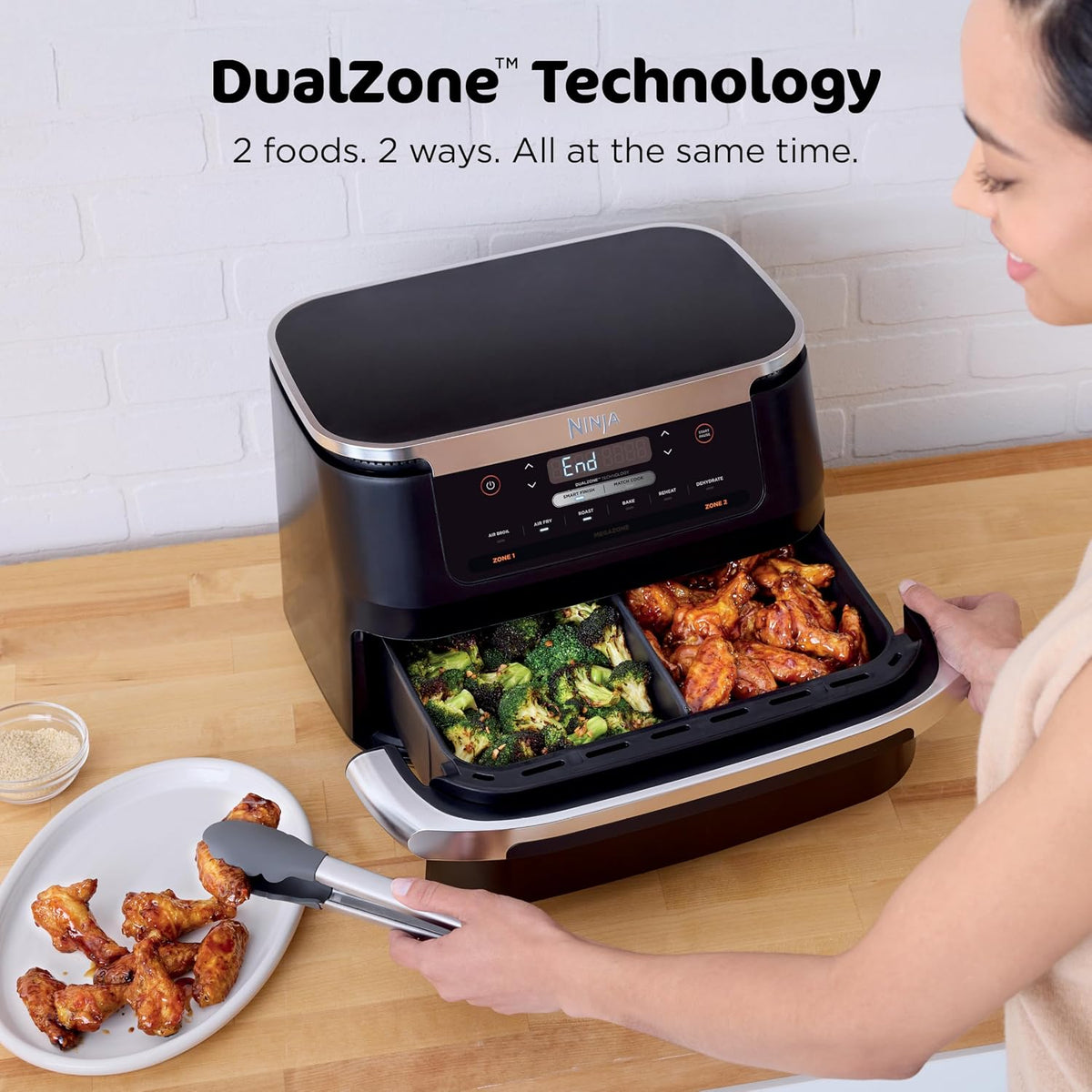 Ninja Foodi Air Fryer, 7 Qt MegaZone, 6-in-1, Black, DZ071 | Air fry, roast, broil, bake, reheat, dehydrate, 450F max, 2x3.5 Qt baskets, Smart Finish