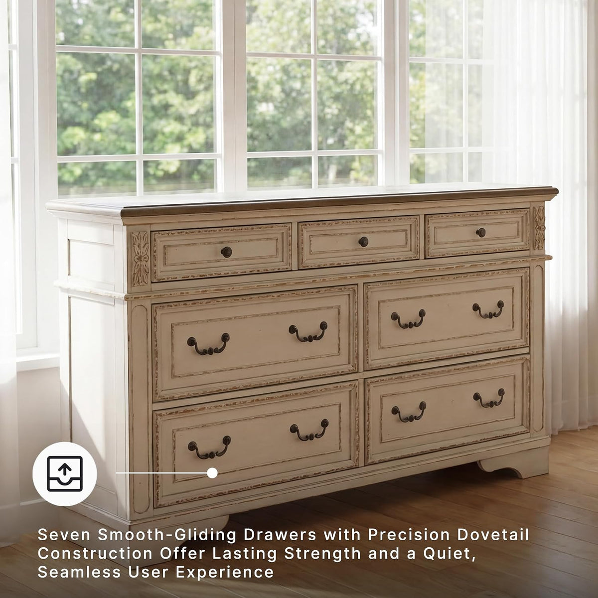 Signature Design by Ashley 7 Drawer Dresser for Bedroom, Two-Tone White | French country aesthetic with distressed wood top, Smooth-gliding dovetail joints and bronze-tone hardware, Realyn Series