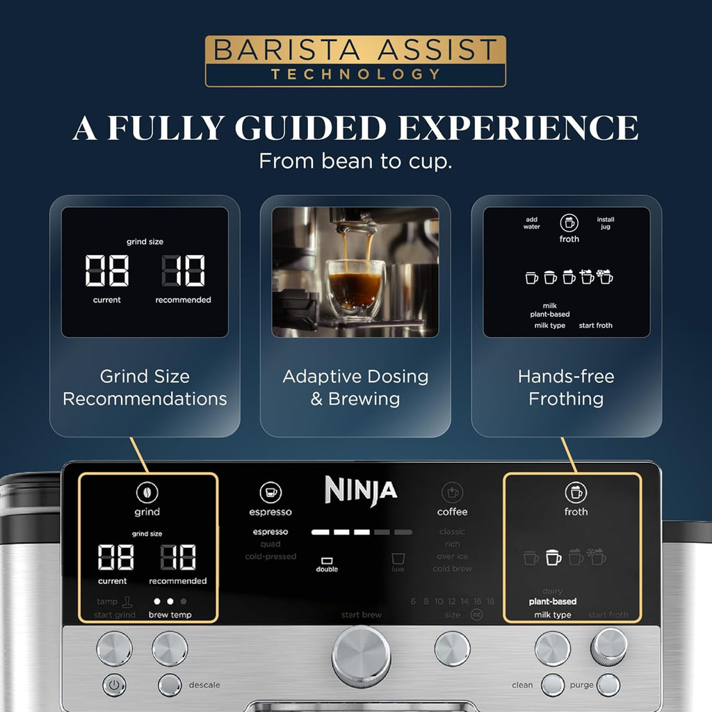 Ninja Luxe Café Premier 3-in-1 Espresso Machine, Drip Coffee, & Cold Brew | Built-in Grinder, Hands-Free Milk Frother, and Assisted Tamper for Cappuccinos & Lattes, Stainless Steel, ES601