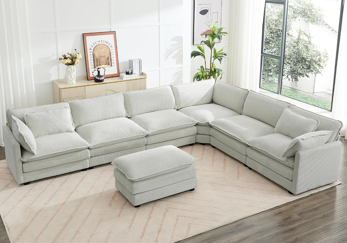 ROWHY 112'' Sectional Modular Cloud Couch, Oversized 5 Seat Couches U Shaped Sofa with 2 Movable Ottomans, 2 Throw Pillows, Upholstered Corduroy U Shape Comfy Deep Couches for Living Room, Beige
