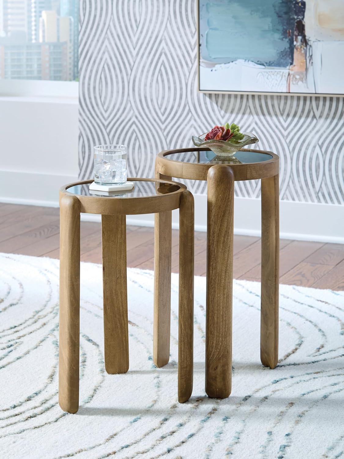 Signature Design by Ashley Round Nesting Mango Wood End Table Set of 2 | Light brown tempered glass tops with natural wood finish frames, Space saving compact nesting side tables, Jossor Series