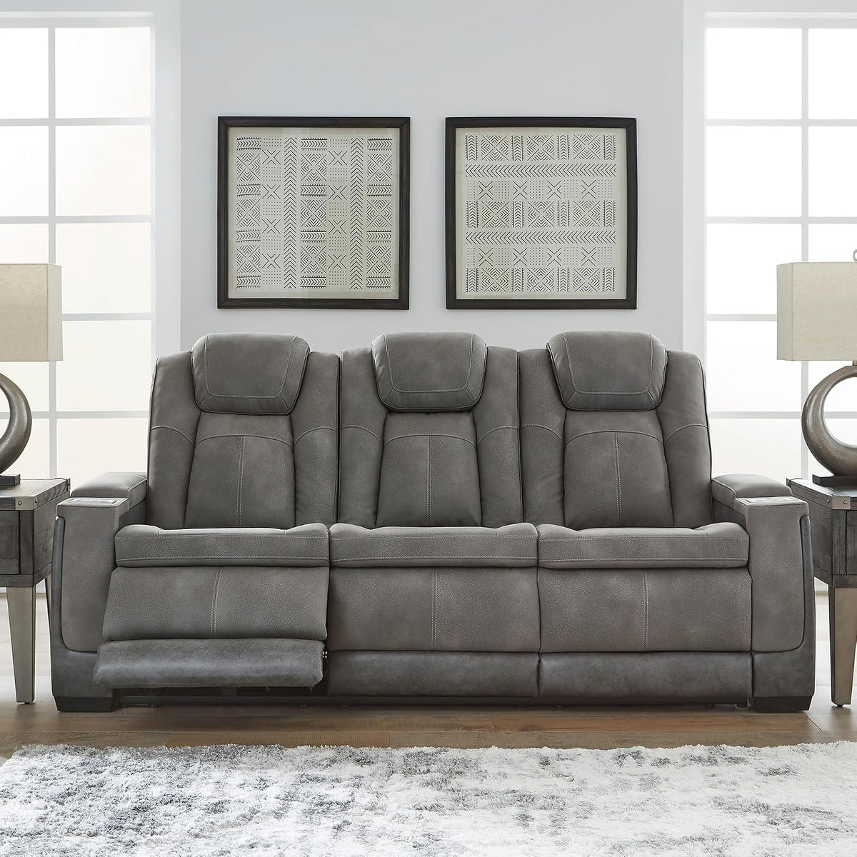 Signature Design by Ashley Faux Leather Power Reclining Sofa, Slate | 15-minute assembly, Zero gravity reclining couch, Drop-down table, Wireless charging, Power headrest, Next-Gen series