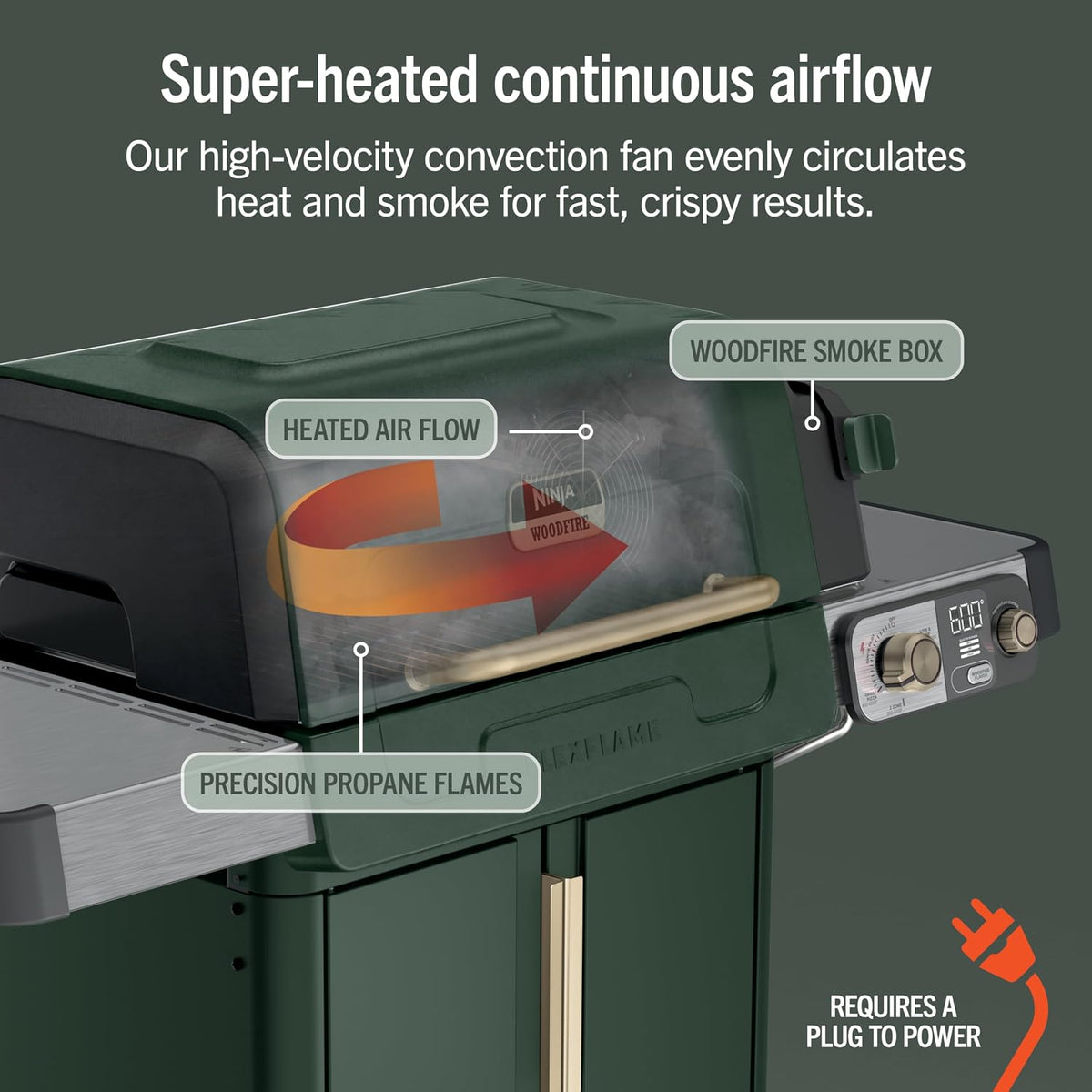 Ninja FlexFlame Grill & Smoker, Electric & Propane, 5-in-1, Green, PG301GN | Ninja FlexFlame is a 5-in-1 grill, smoker & griddle with precise 200-600°F control, fitting 3 chickens or 4 rib racks
