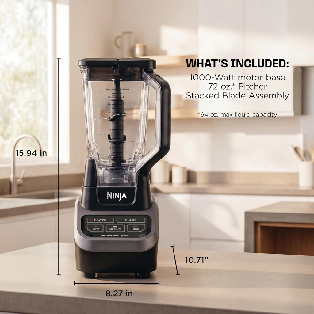 Ninja Professional Blender, 1000W, Total Crushing Tech, 72oz Pitcher, BL610 | 1000W Total Crushing blades crush ice & blend smoothies, sauces. XL 72-oz pitcher for family batches. Dishwasher-safe parts.