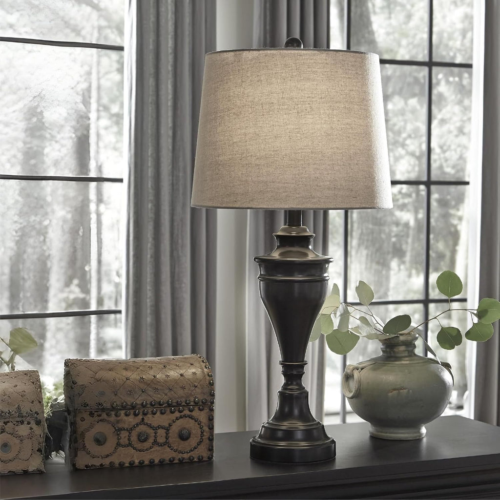 Signature Design by Ashley Table Lamp Set of 2, Dark Bronze | Fabric hardback shade, 28.5 inches tall, Traditional double pillar base, 3-way switch, Living room use, Darlita Series
