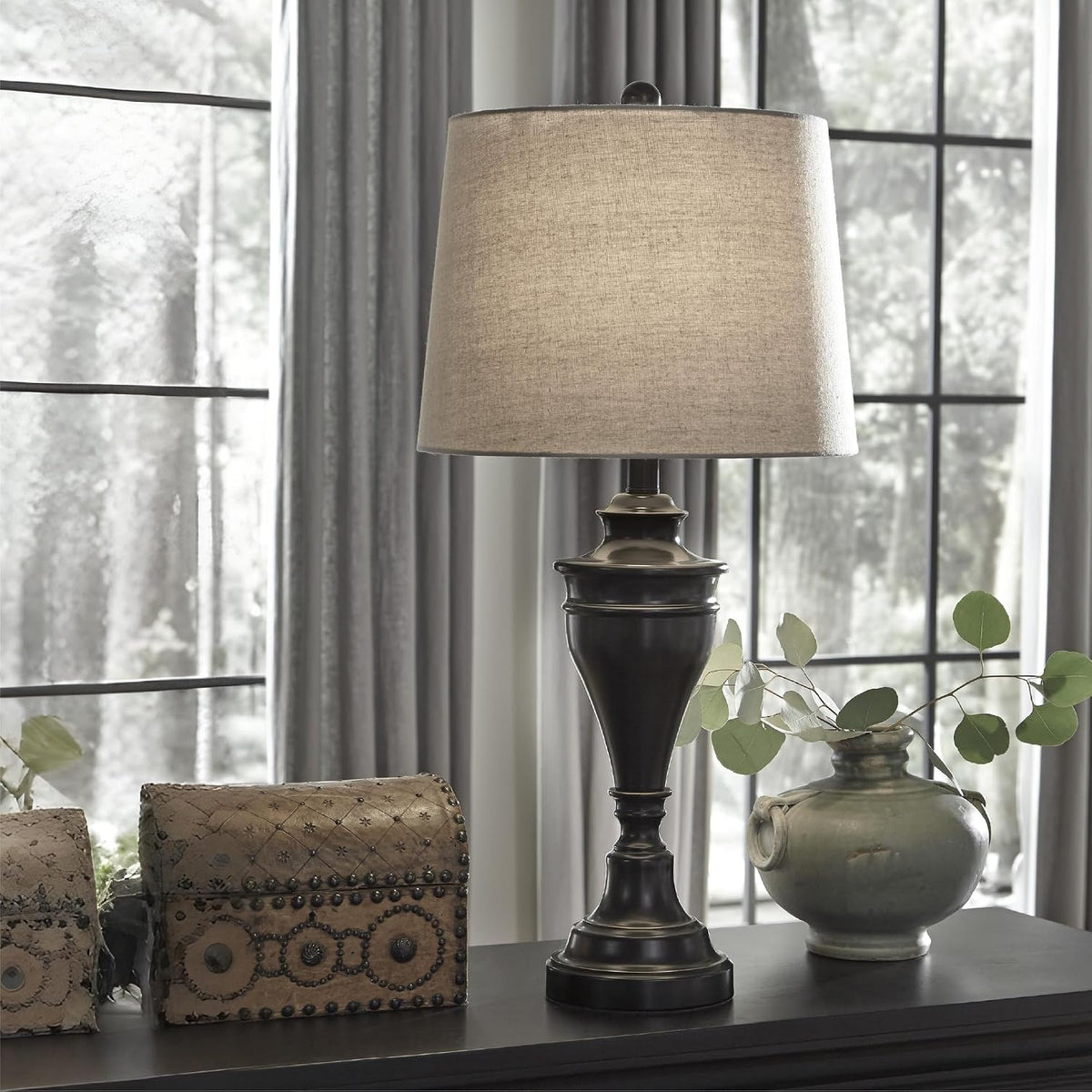 Signature Design by Ashley Table Lamp Set of 2, Dark Bronze | Fabric hardback shade, 28.5 inches tall, Traditional double pillar base, 3-way switch, Living room use, Darlita Series