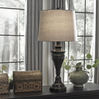 Signature Design by Ashley Table Lamp Set of 2, Dark Bronze | Fabric hardback shade, 28.5 inches tall, Traditional double pillar base, 3-way switch, Living room use, Darlita Series