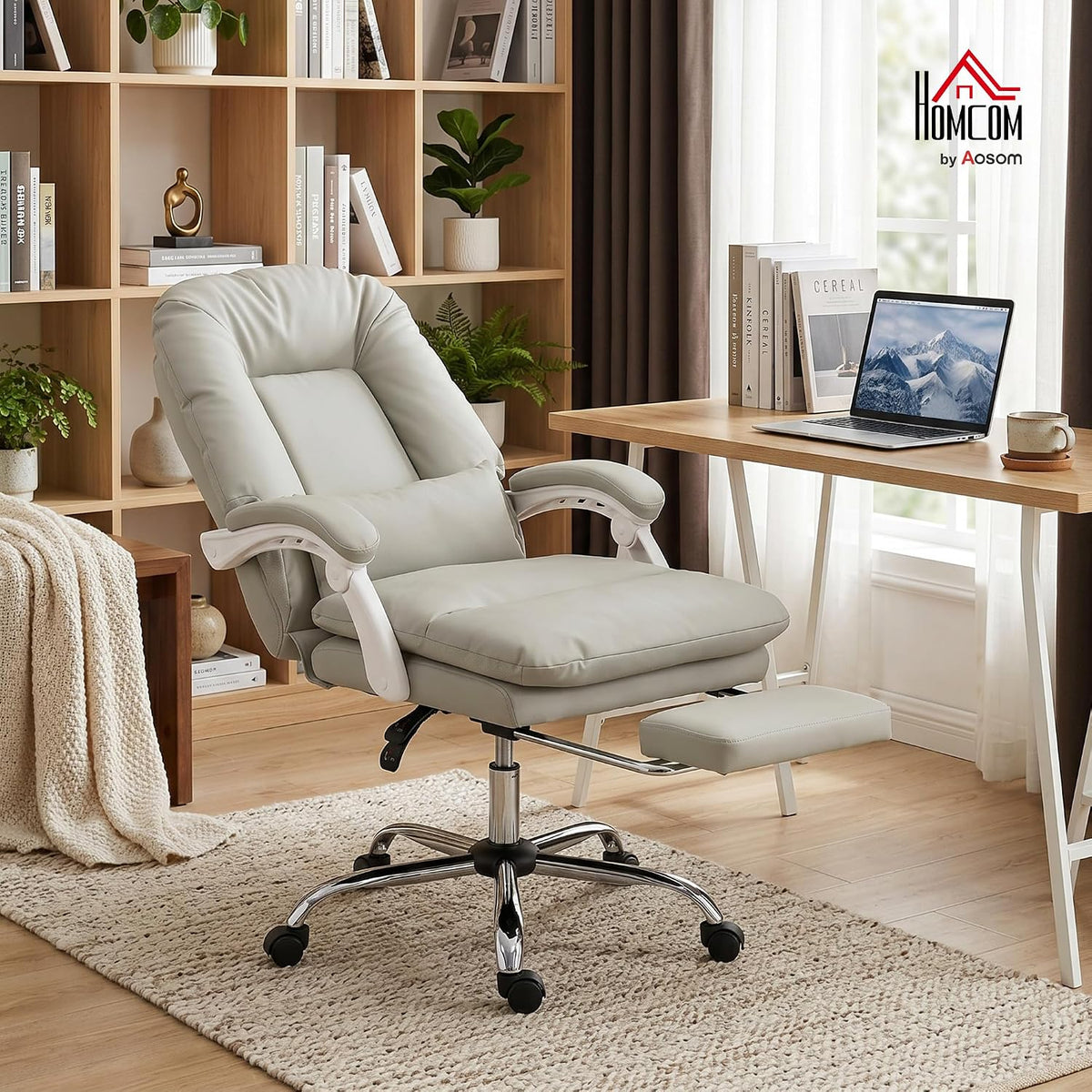 HOMCOM Ergonomic Executive Office Chair Recliner, Lumbar Support Khaki