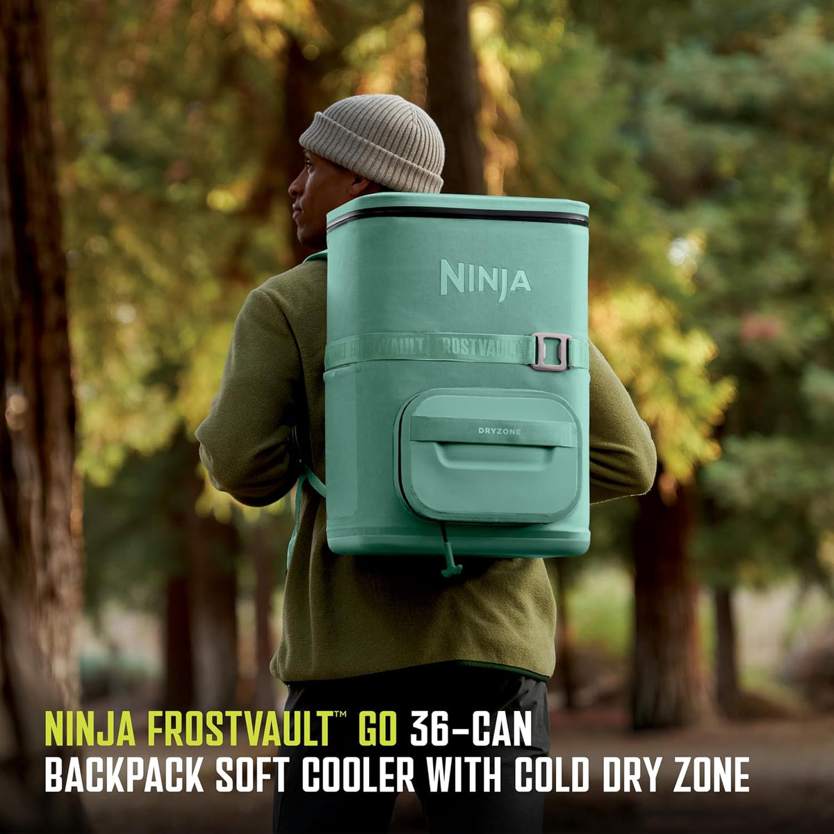 Ninja FrostVault™ Go XL Soft Backpack Cooler, Dry Storage, Cactus Green | Ninja FrostVault Go XL soft cooler, stays cool for hours with a leakproof, easy-access lid, and carries like a backpack