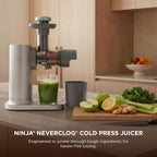 Ninja NeverClog Cold Press Juicer, 24oz Jug, 36oz Pulp, Silver, JC151SL | 150W high-torque auger juices fibrous fruits & veggies. Total Pulp Control, 2 one-touch programs. Dishwasher safe.
