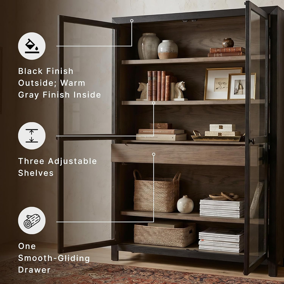 Signature Design by Ashley Lenston Black Accent Cabinet with Glass Doors | Tempered glass doors, 3 adjustable shelves, Wood oak veneer and engineered wood construction, 1 soft-close drawer