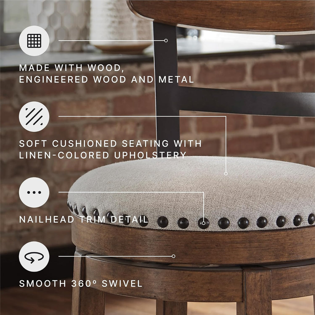 Signature Design by Ashley Valebeck Counter Height Bar Stool, Brown | Rustic-industrial wood and metal stool, Cushioned comfort, Tailored nailhead trim, Smooth 360-degree swivel