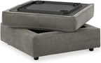 Signature Design by Ashley Putty Grey Ottoman with Storage | Square storage ottoman with reversible tray top and built-in cup holders, Putty grey herringbone chenille, O'Phannon Series