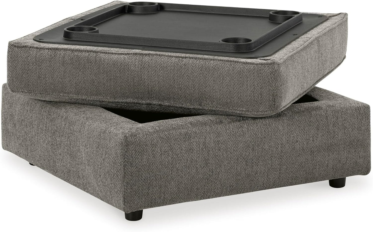 Signature Design by Ashley Putty Grey Ottoman with Storage | Square storage ottoman with reversible tray top and built-in cup holders, Putty grey herringbone chenille, O'Phannon Series