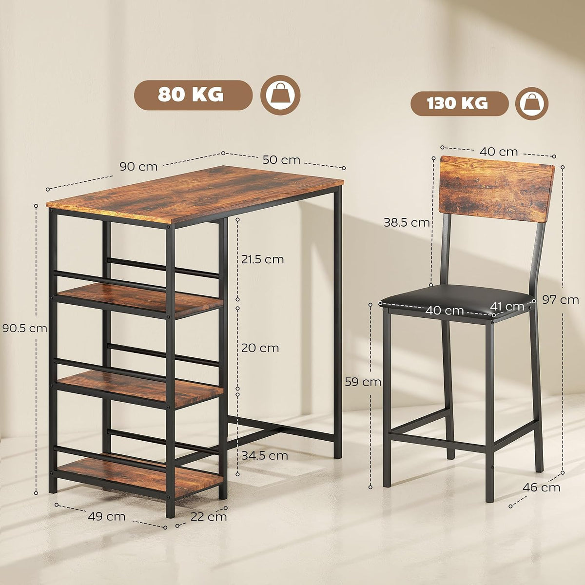 HOMCOM 3 Piece Breakfast Bar Table Set with Stools for 2 Rustic Brown