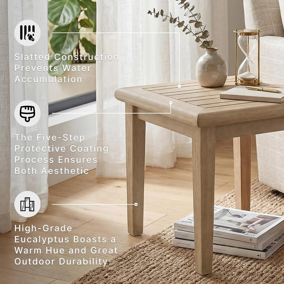 Signature Design by Ashley Gerianne Outdoor End Table, Eucalyptus Wood | Weather-resistant 5-step protective coating, Spacious 24-inch square slatted top, Sturdy 22-pound frame with tapered legs