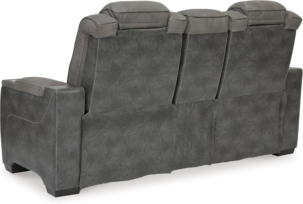 Signature Design by Ashley Power Reclining Loveseat with Console, Gray | Water-resistant faux leather, Zero-gravity recline, Easy View adjustable headrest, Wireless charging, Next-Gen Durapella