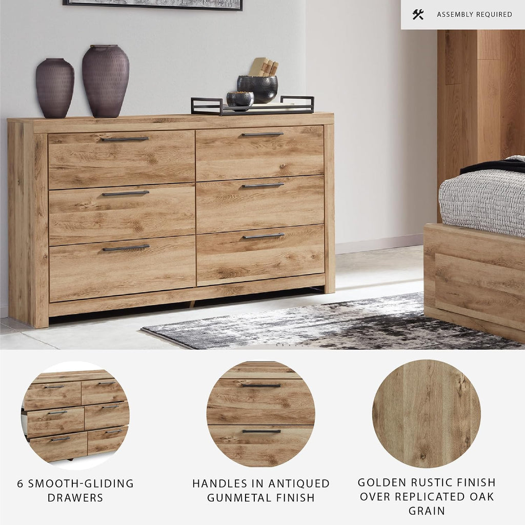 Signature Design by Ashley 6 Drawer Dresser for Bedroom, Golden Oak | 5-minute quick assembly, Contemporary tan brown finish, Durable engineered wood, Hyanna Series