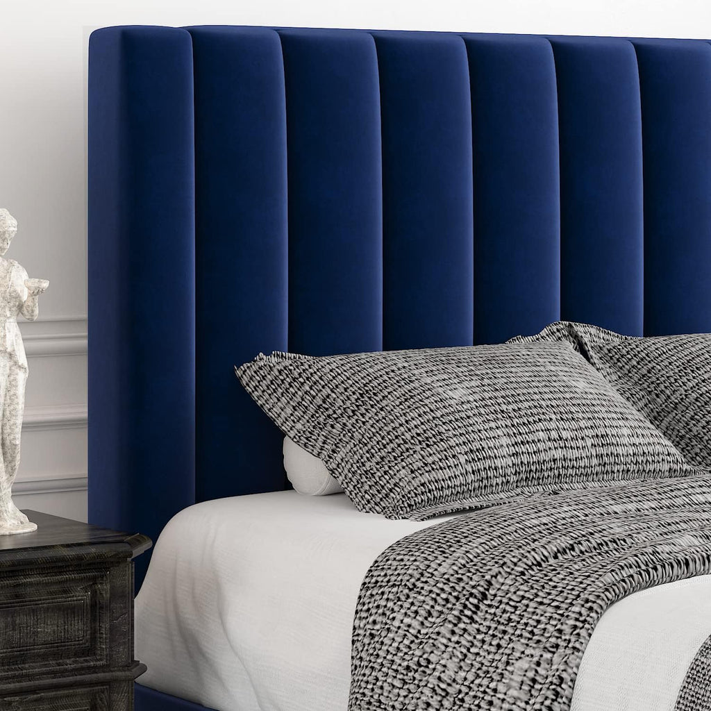 Allewie Queen Platform Bed Frame/Velvet Upholstered Bed Frame with Vertical Channel Tufted Headboard/Strong Wooden Slats/Mattress Foundation/Box Spring Optional/Easy Assembly/Navy Blue