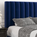 Allewie Queen Platform Bed Frame/Velvet Upholstered Bed Frame with Vertical Channel Tufted Headboard/Strong Wooden Slats/Mattress Foundation/Box Spring Optional/Easy Assembly/Navy Blue