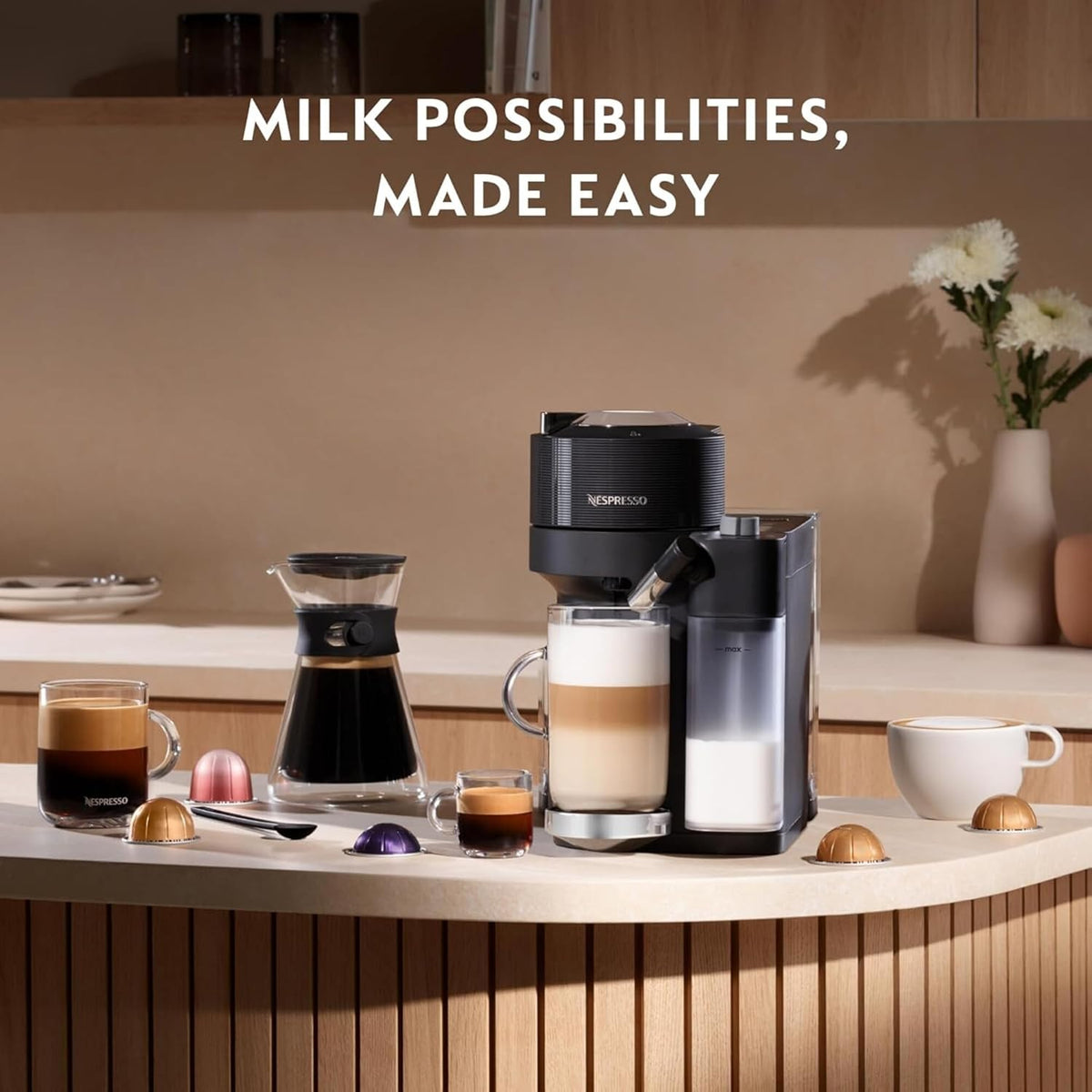 De'Longhi Nespresso Vertuo Lattissima ENV300.B, Automatic Coffee Machine with Automatic Milk Frother, Single-Serve Capsule Coffee Machine, 5 Cup Sizes, 1500W, Matt Black & Glossy