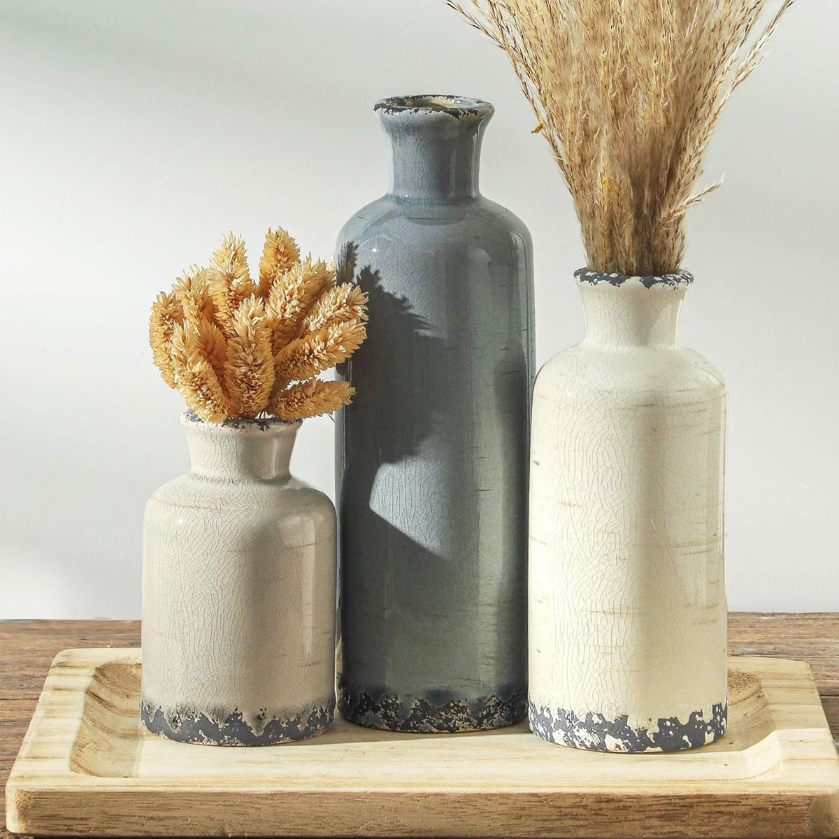Ceramic Vases Set of 3, Whitewashed Neutral Flower Vases Home Decor, Pottery Rustic Farmhouse Decorative Vases Modern Decor for Table Mantel Entryway Bookshelf Living Room Kitchen Bedroom