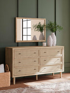 Signature Design by Ashley 6 Drawer Bedroom Dresser, Light Oak, Cielden | Textured beige faux cane fronts, Bronze knobs, Quick assembly, Contemporary coastal bedroom decor